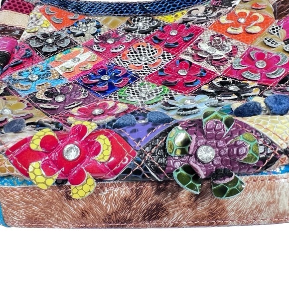 TRESKA Multi Colored 3D Leather Floral Rhinestone Patchwork Shoulder Bag - Picture 4 of 16